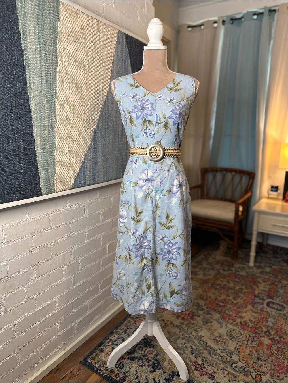 Expressions Linen Blend Blue Floral 90s Sleeveless Midi Dress - Picture 4 of 11